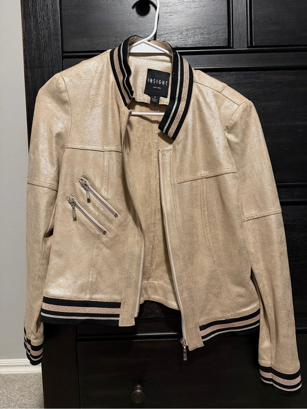 INSIGHT Beige Bomber Jacket with Black Stripe Trim